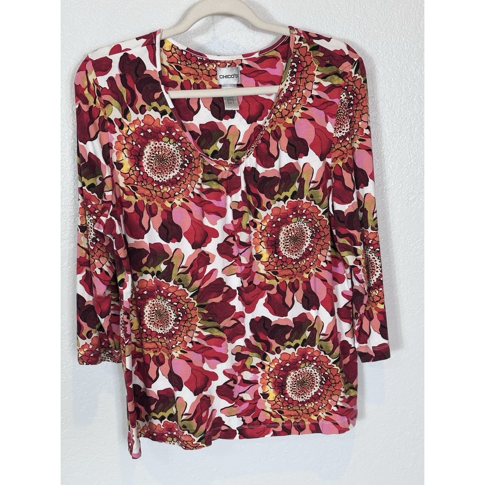 Chico's Artsy Floral Blouse Size 3 Pink Red Burgundy Colorful Boho Pullover